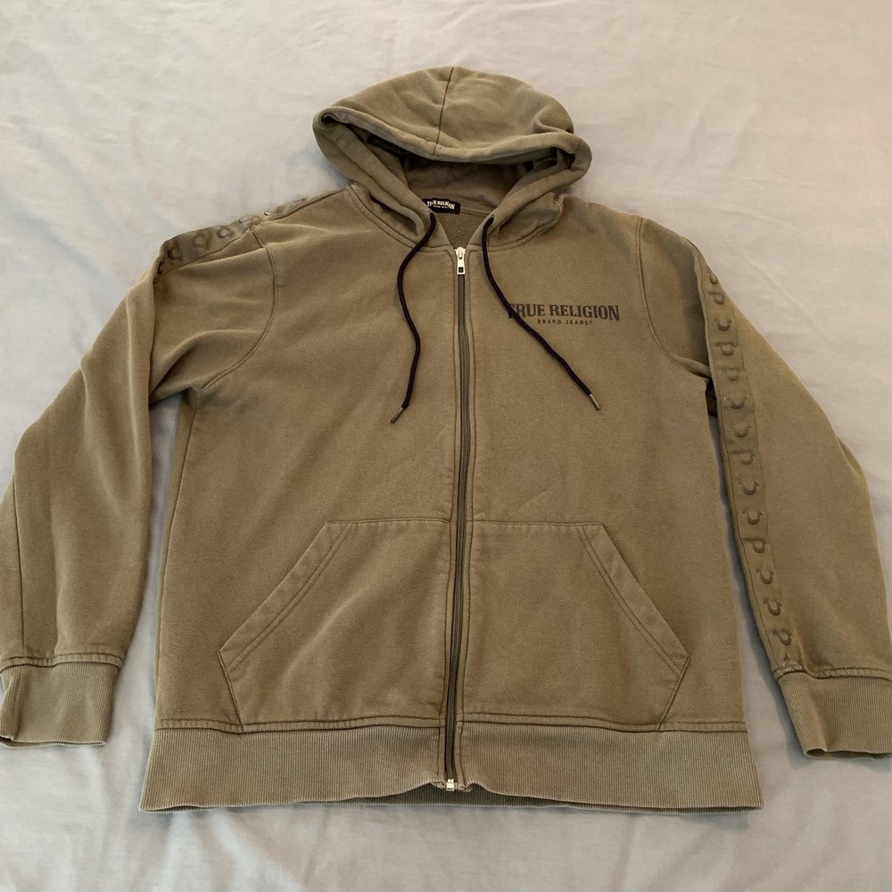 True Religion Hoodie Mens Large Green Full Zip Fleece Silicone Tape Logo